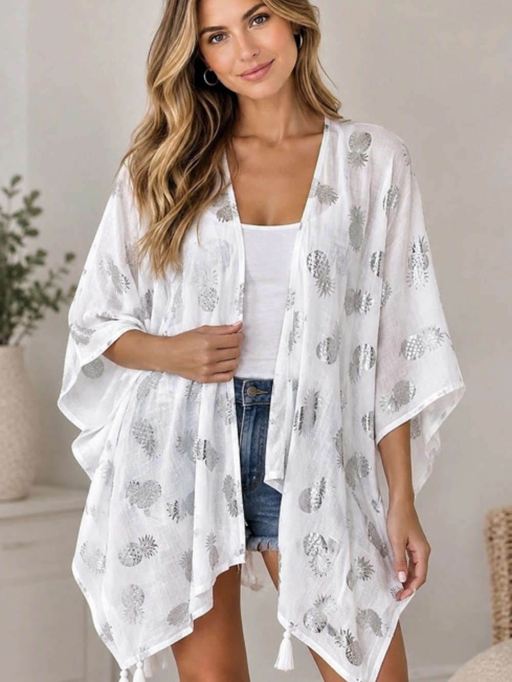 White Printed Open Front Kimono